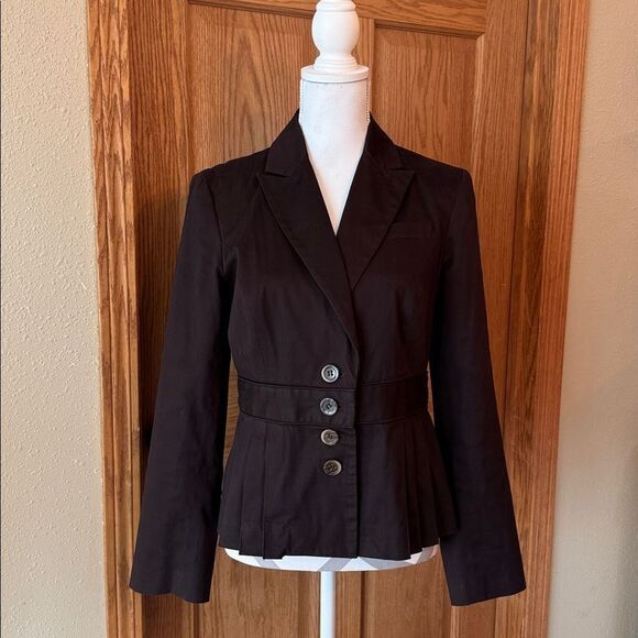 BANDOLINO Stretch 2000s Chocolate Brown PleatedPeplum Jacket Fitted Button Front - Picture 8 of 10